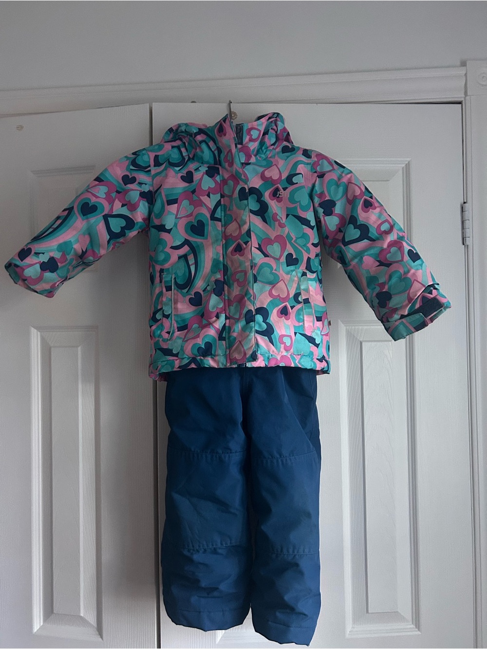Girls Heart-Print Winter Jacket and Snow Pants - Pink Teal Hearts